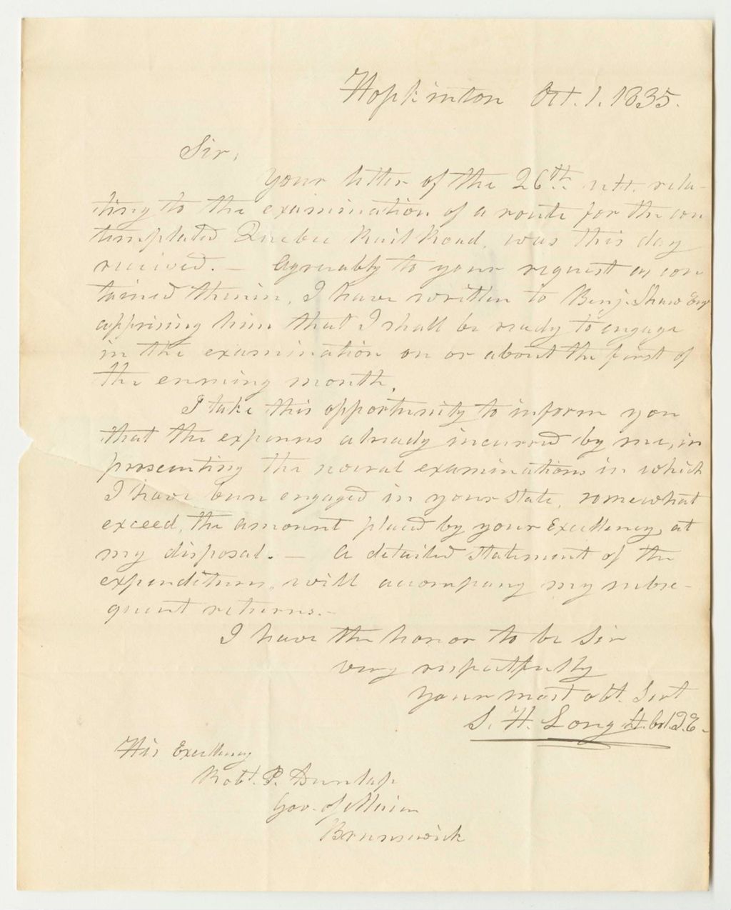 Miniature of Communication from Colonel S.H. Long, Relating to a Survey of a Route for a Railroad from Quebec to the Atlantic
