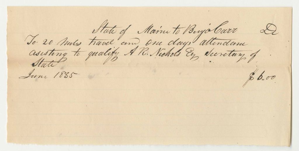 Miniature of Benjamin Carr's Bill for Travel to Qualify as the Secretary of State