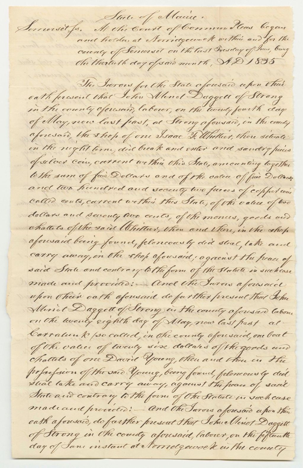 Miniature of State v. John M. Dagget, at the Court of Common Pleas in Somerset County