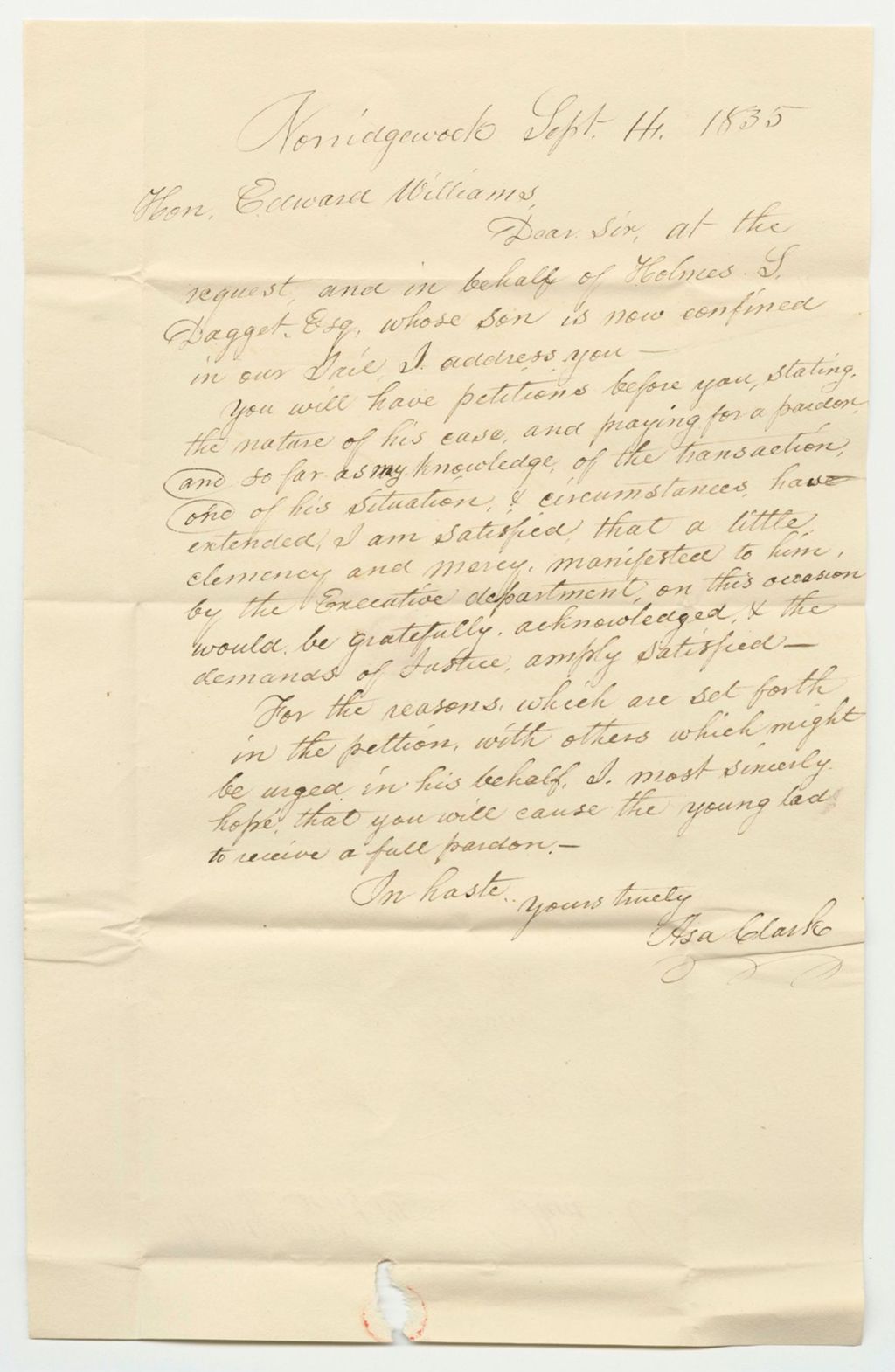 Miniature of Communication from Asa Clark, Relating to Petitions for the Pardon of John M. Dagget