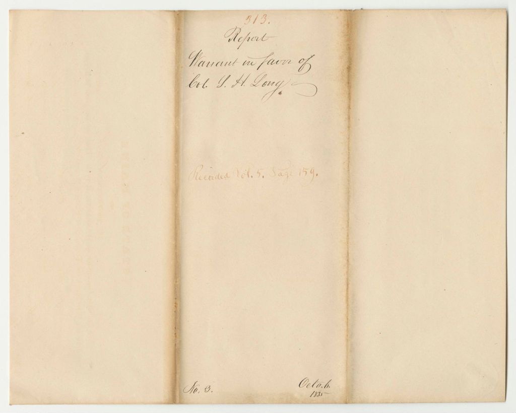 Miniature of Report 313: Warrant in Favor of Colonel S.H. Long, on a Survey of a Route for a Railroad from Quebec to the Atlantic