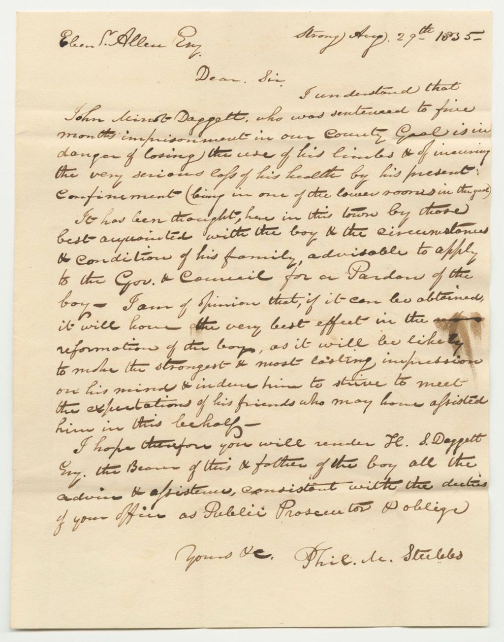 Miniature of Communication from Phil M. Steebbs, in Favor of the Pardon of John Minot Dagget