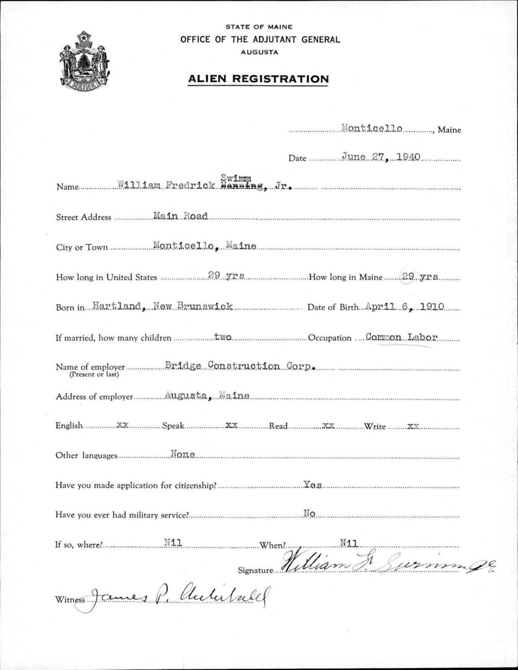 Miniature of Alien Registration- Swimm, William F.,Jr. (Monticello, Aroostook County)
