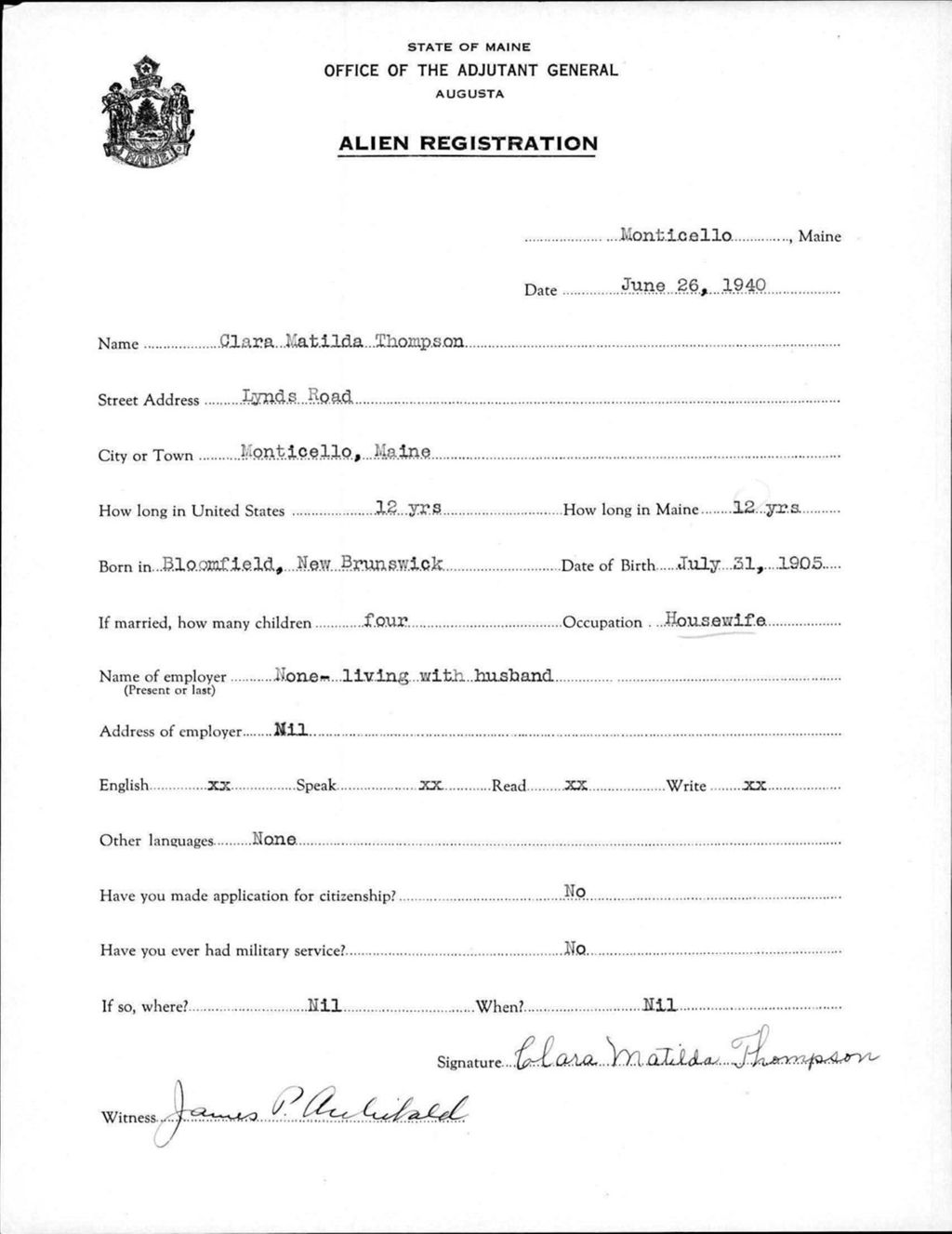 Miniature of Alien Registration- Thompson, Clara M. (Monticello, Aroostook County)