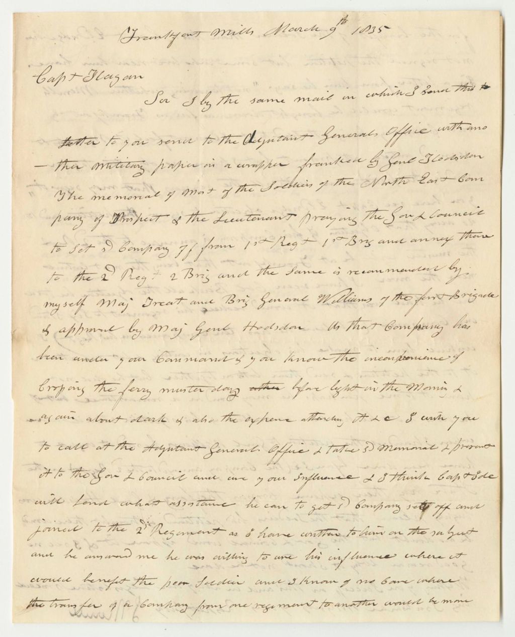 Miniature of Communication from J. Merrill, in Favor of the Petition of the Soldiers of the Company of Prospect That They Be Set Off From the 1st Regiment 1st Brigade and Annexed to the 2nd Regiment 2nd Brigade
