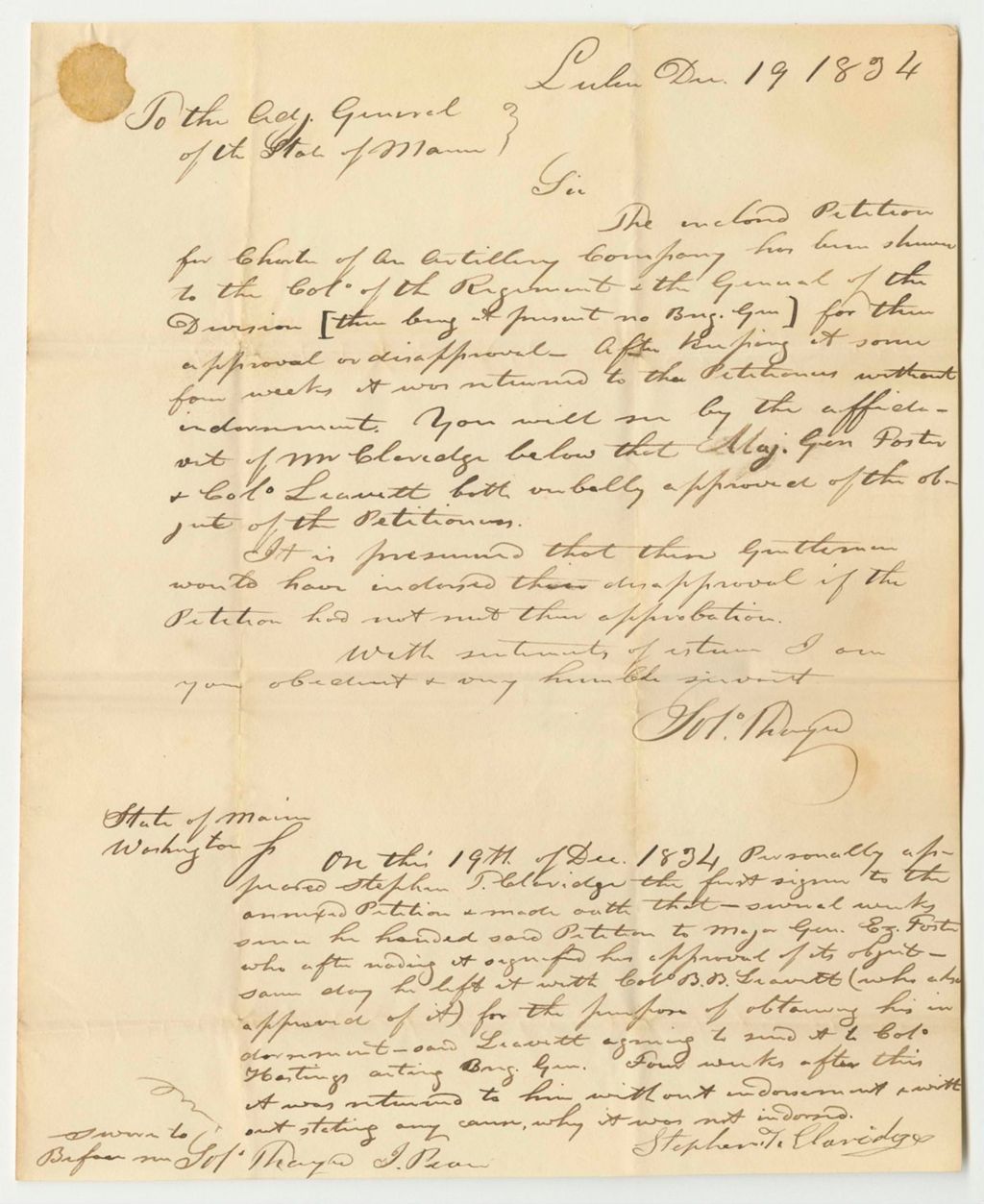 Miniature of Communication from Solomon Thayer, Enclosing the Petition for an Artillery Company in Lubec