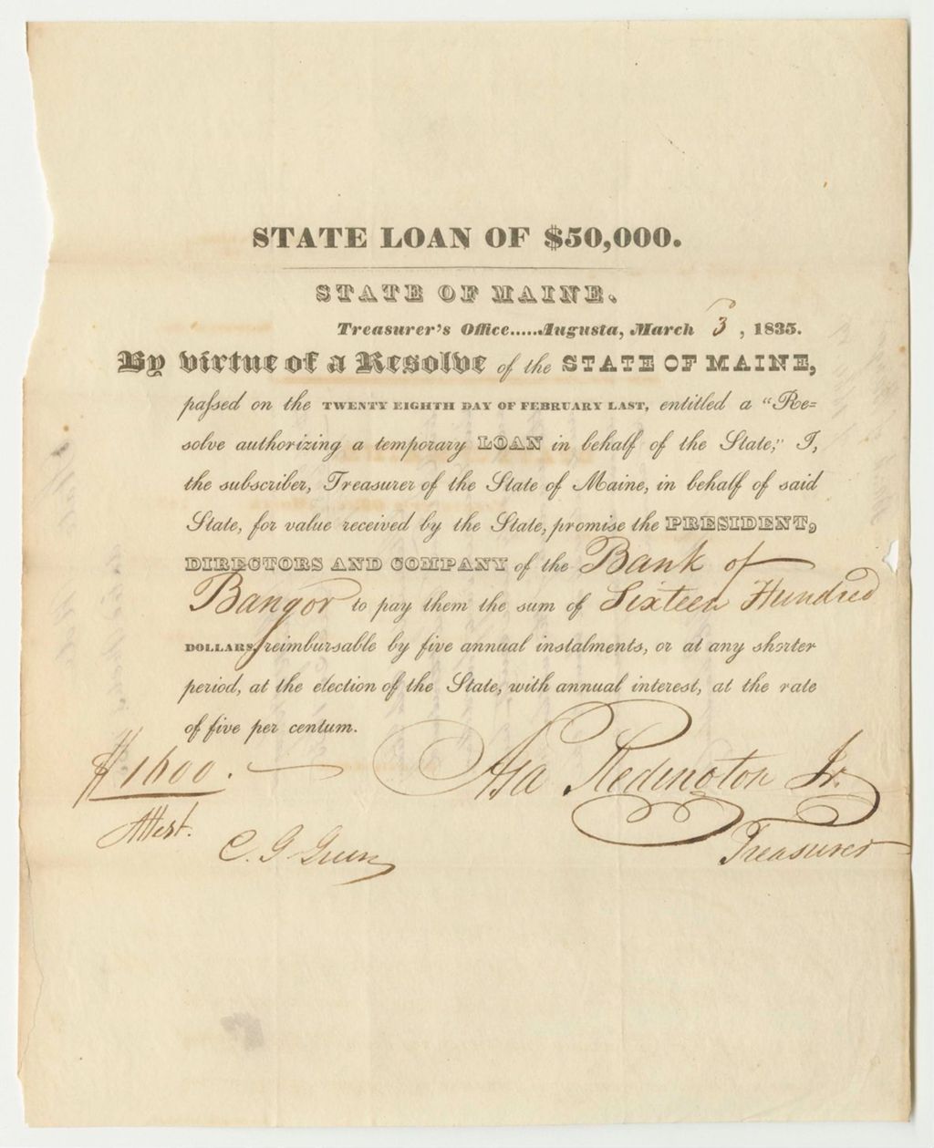 Miniature of State Loan to the Bank of Bangor