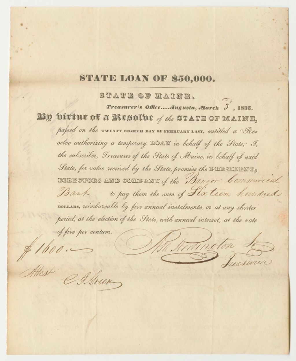 Miniature of State Loan to the Bangor Commercial Bank