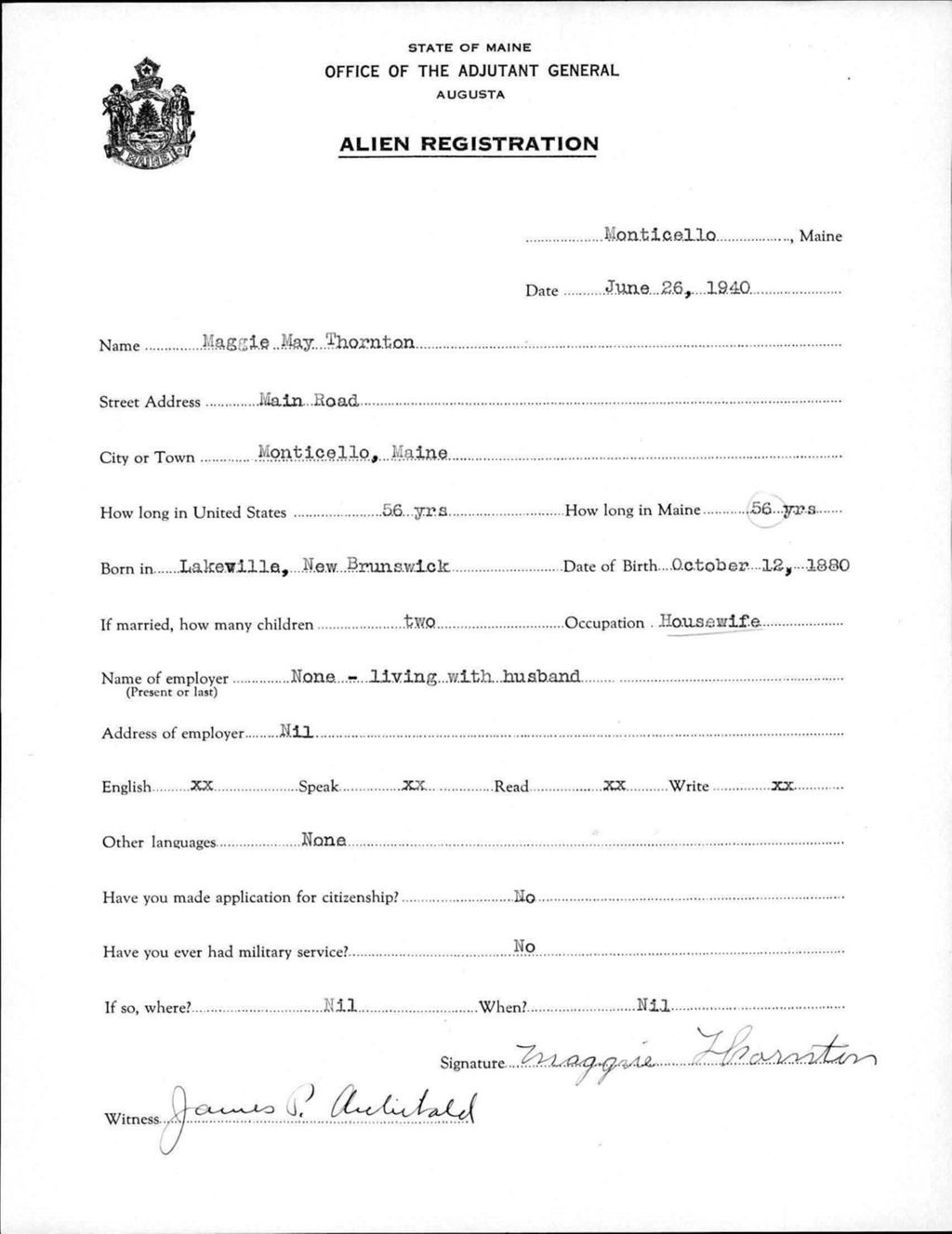 Miniature of Alien Registration- Thornton, Maggie M. (Monticello, Aroostook County)