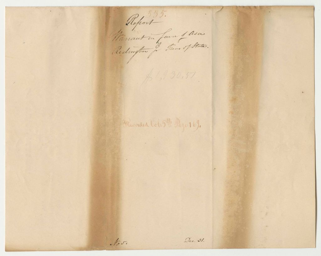 Miniature of Report 335: Warrant in Favor of Asa Redington Jr., State Treasurer, for the Contingent Fund