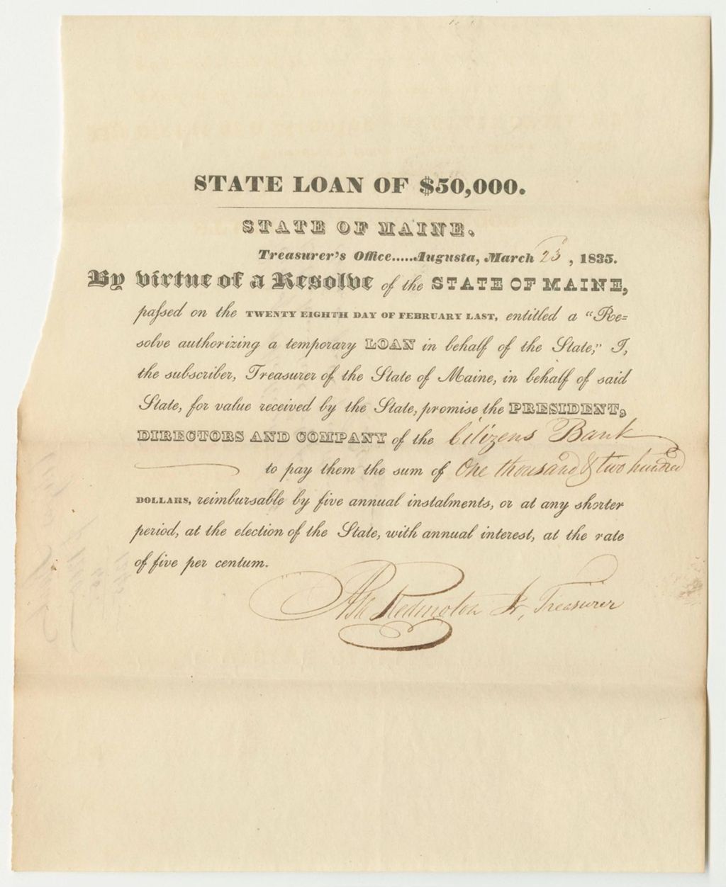 Miniature of State Loan to the Citizens Bank