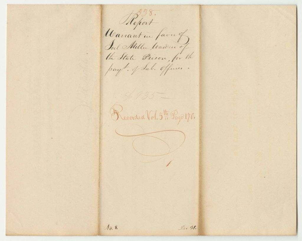 Miniature of Report 338: Warrant in Favor of Joel Miller, Warden of the State Prison, for the Payment of Subordinate Officers