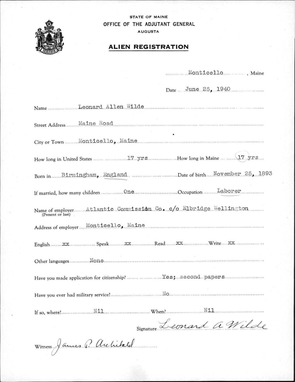 Miniature of Alien Registration- Wilde, Leonard A. (Monticello, Aroostook County)
