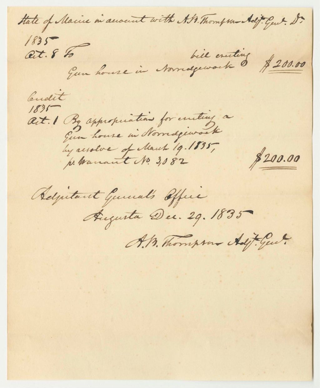 Miniature of Account of Abner B. Thompson, Adjutant General, for the Norridgewock Gun House