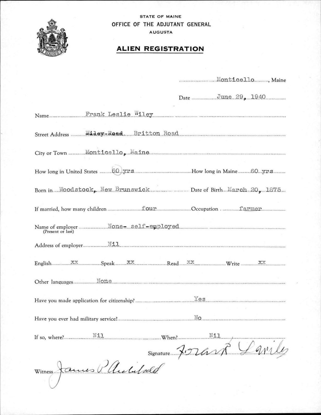 Miniature of Alien Registration- Wiley, Frank L. (Monticello, Aroostook County)