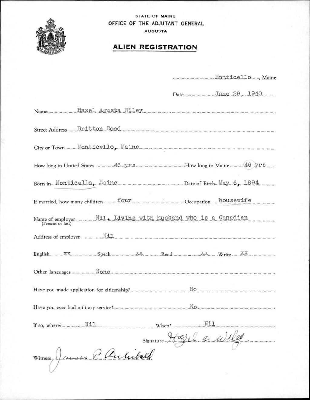 Miniature of Alien Registration- Wiley, Hazel A. (Monticello, Aroostook County)