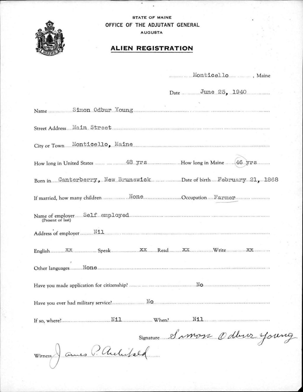 Miniature of Alien Registration- Young, Simon O. (Monticello, Aroostook County)