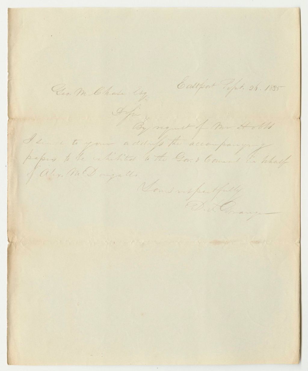 Miniature of Communication from D. Granger, Enclosing Paper in Behalf of Alex McDougal