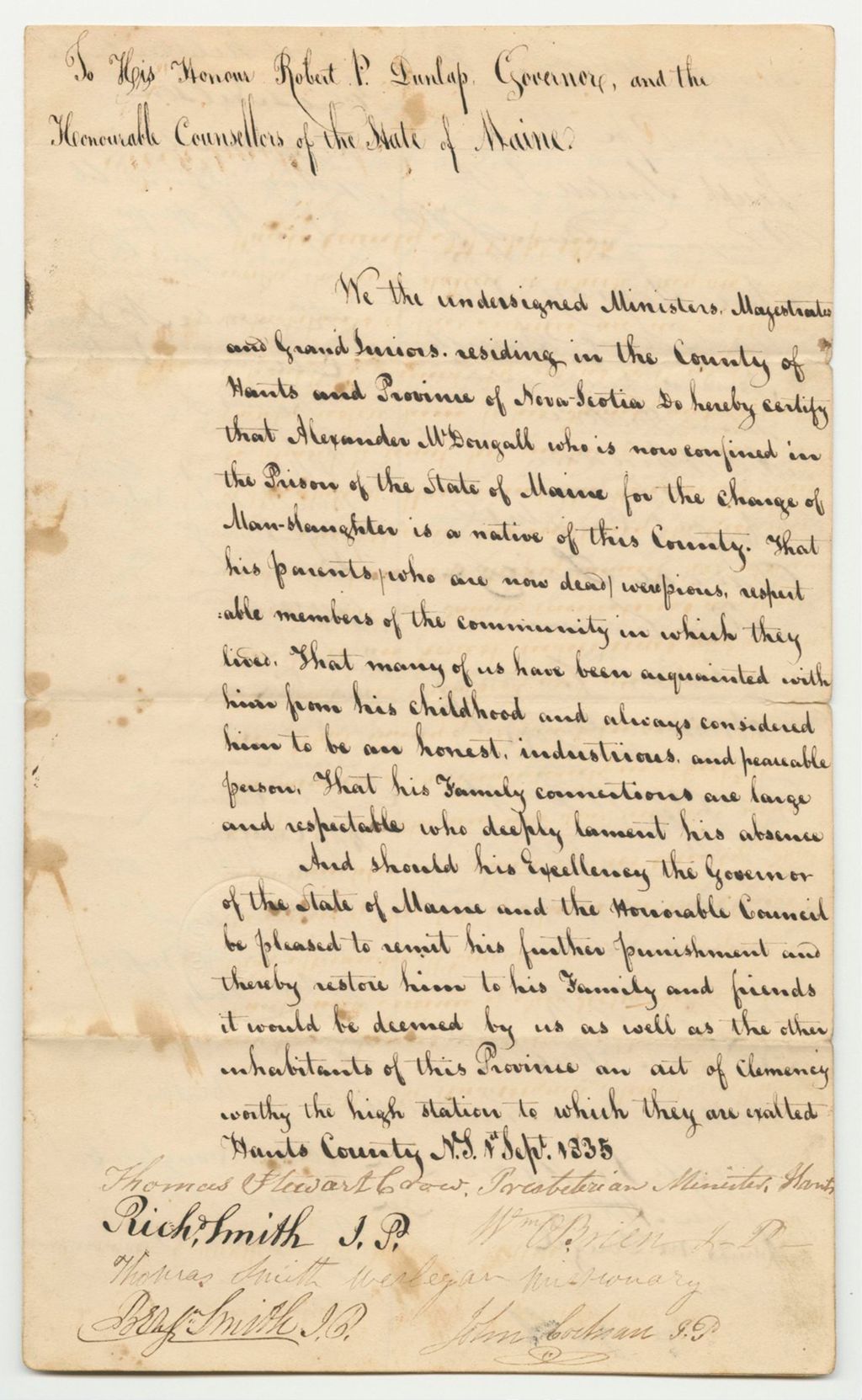 Miniature of Petition of the Ministers, Magestrates, and Grande Jurors of the Province of Nova Scotia for the Pardon of Alex McDougal