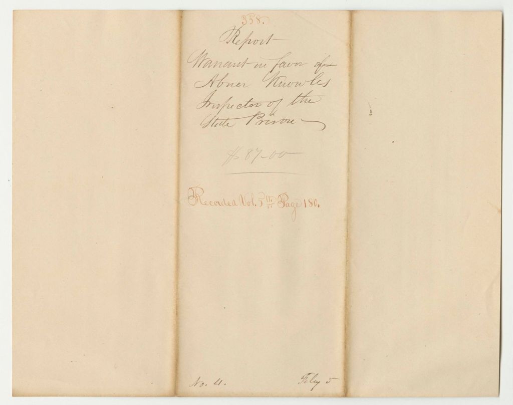 Miniature of Report 358: Warrant in Favor of Abner Knowles, Inspector of the State Prison