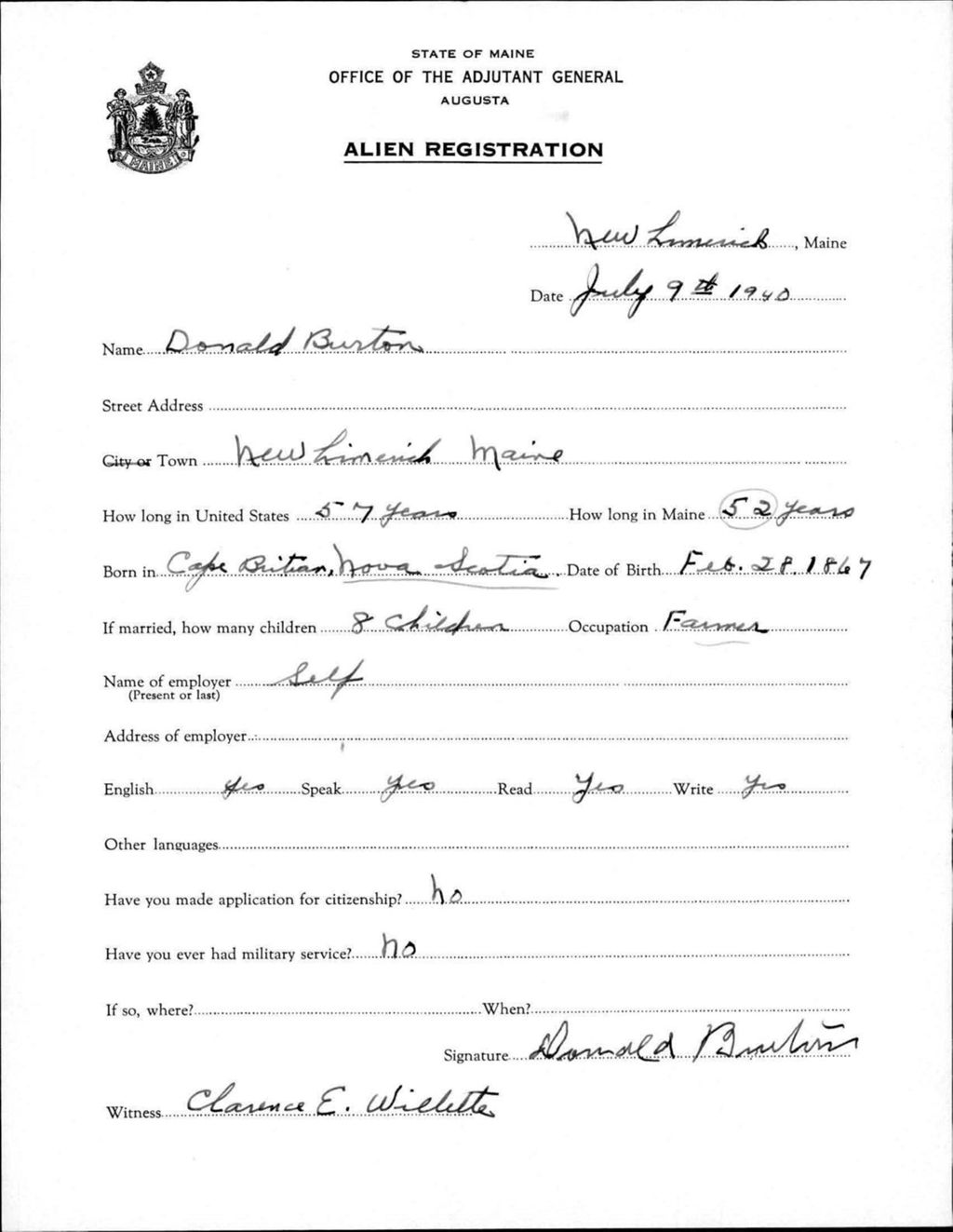 Miniature of Alien Registration- Burton, Donald (New Limerick, Aroostook County)