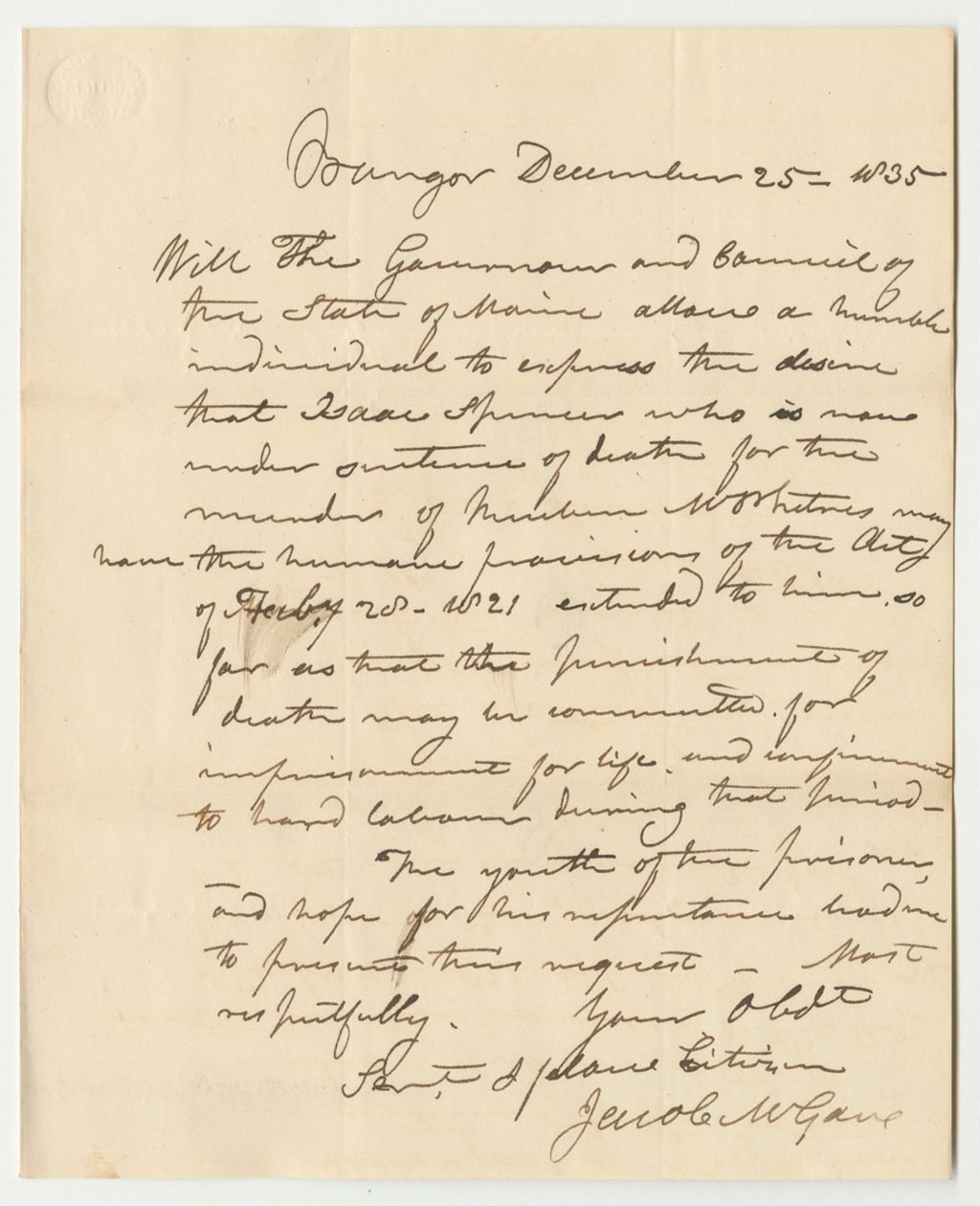 Miniature of Letter from Jacob McGane, in Favor of the Petition for the Commutation of Isaac Spencer's Punishment