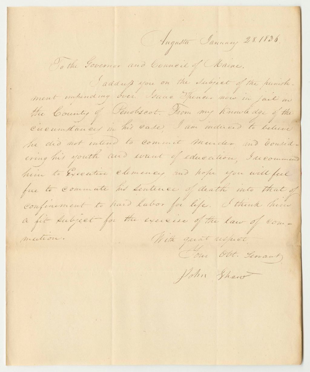 Miniature of Letter from John Shaw, in Relation to the Punishment Against Isaac Spencer