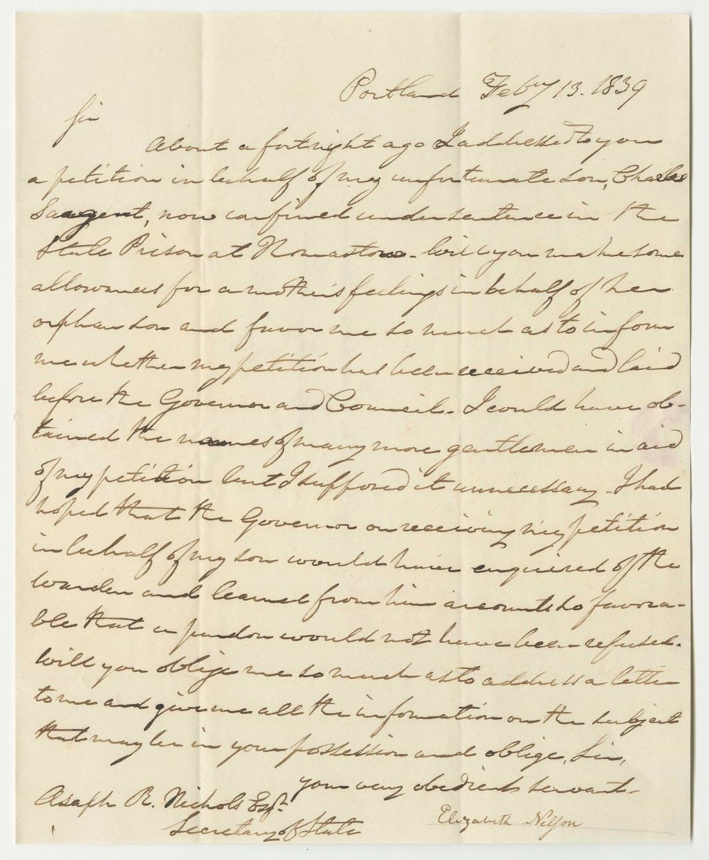 Miniature of Communication from Elizabeth Nelson, in Relation to the Petition for the Pardon of Her Son, Charles Sargent