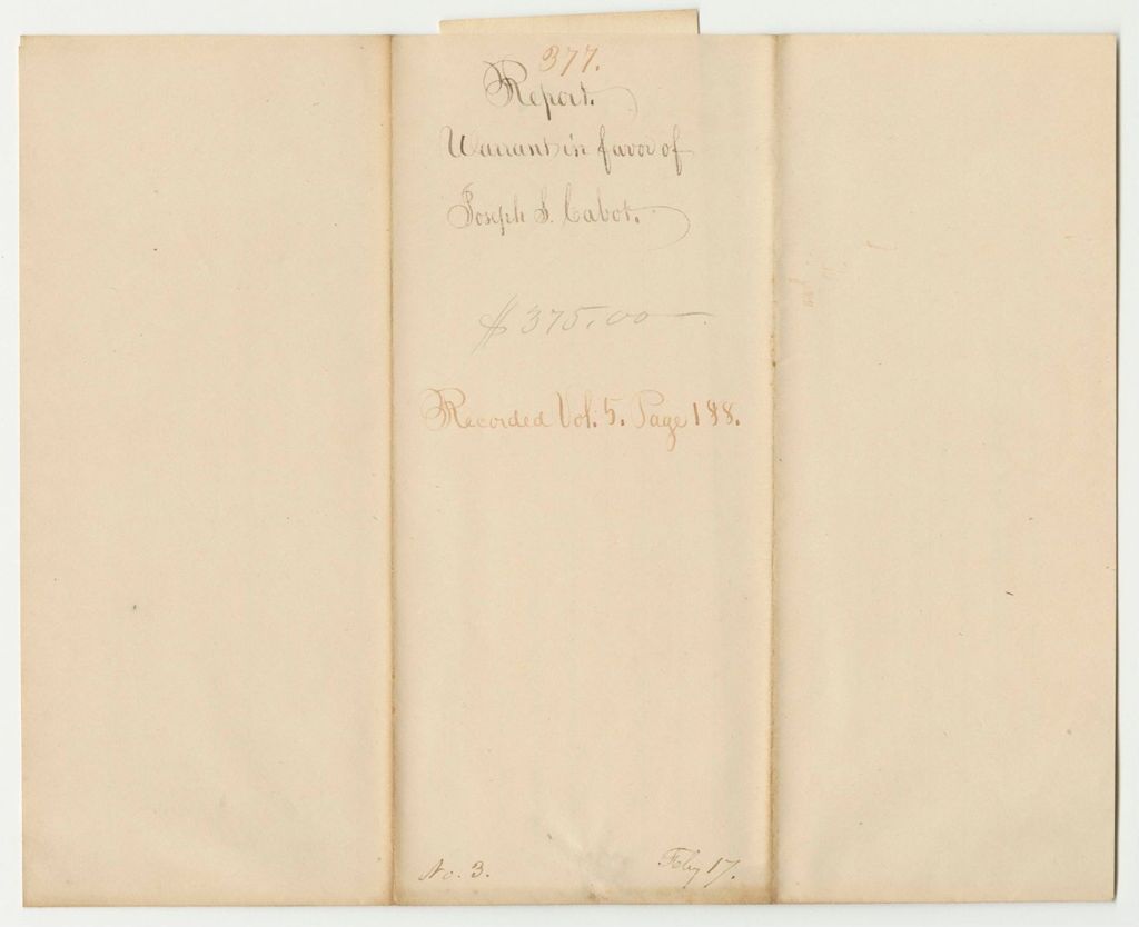 Miniature of Report 377: Warrant in Favor of Joseph S. Cabot for Interest on a Loan to the State
