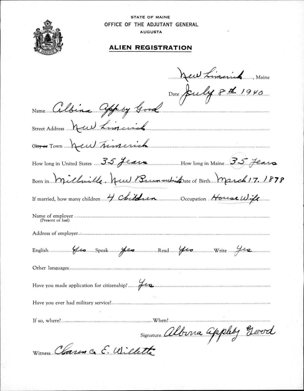 Miniature of Alien Registration- Appeby, Albina (New Limerick, Aroostook County)