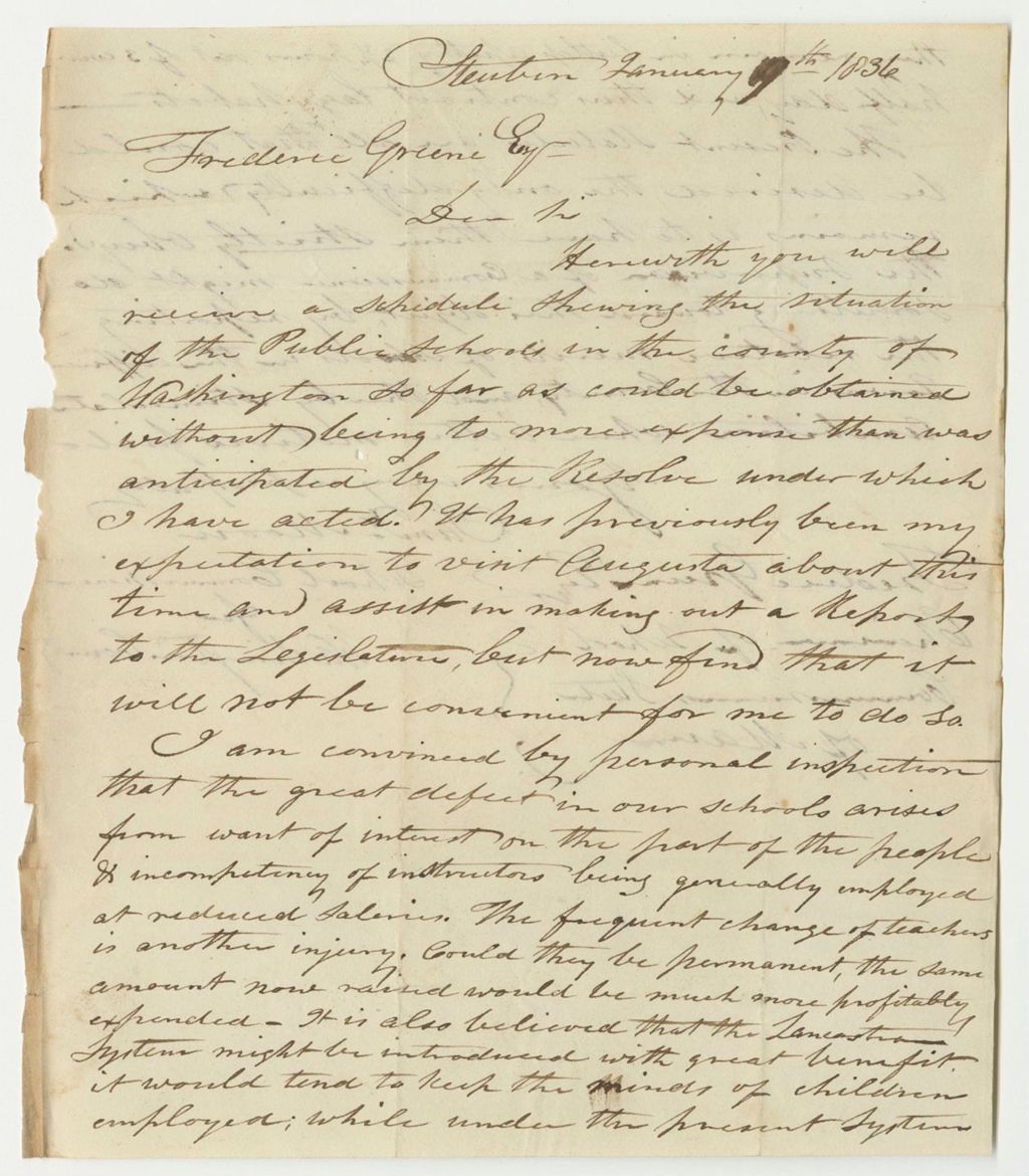 Miniature of Communication from Samuel Moore, Commissioner of Public Schools for Washington County, Relating to His Concerns With Said Schools