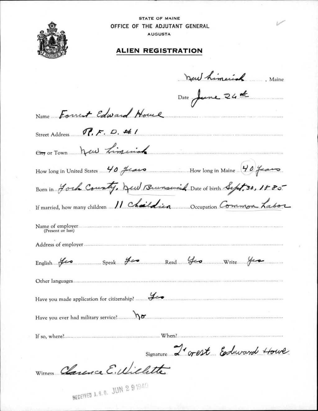 Miniature of Alien Registration- Howe, Forrest E. (New Limerick, Aroostook County)