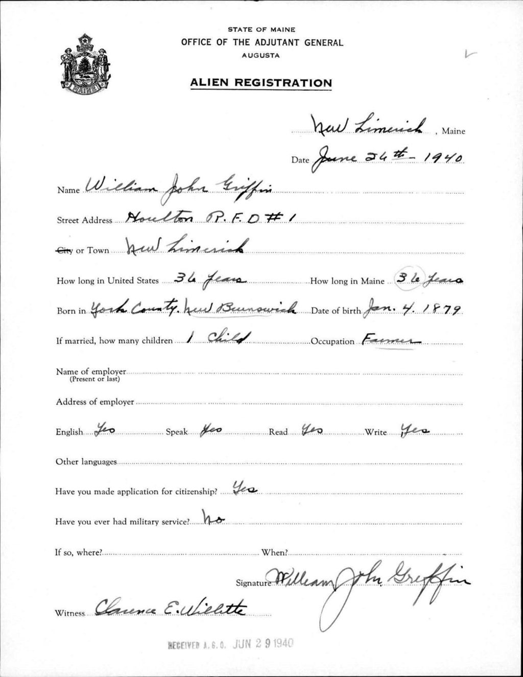 Miniature of Alien Registration- Griffin, William J. (New Limerick, Aroostook County)