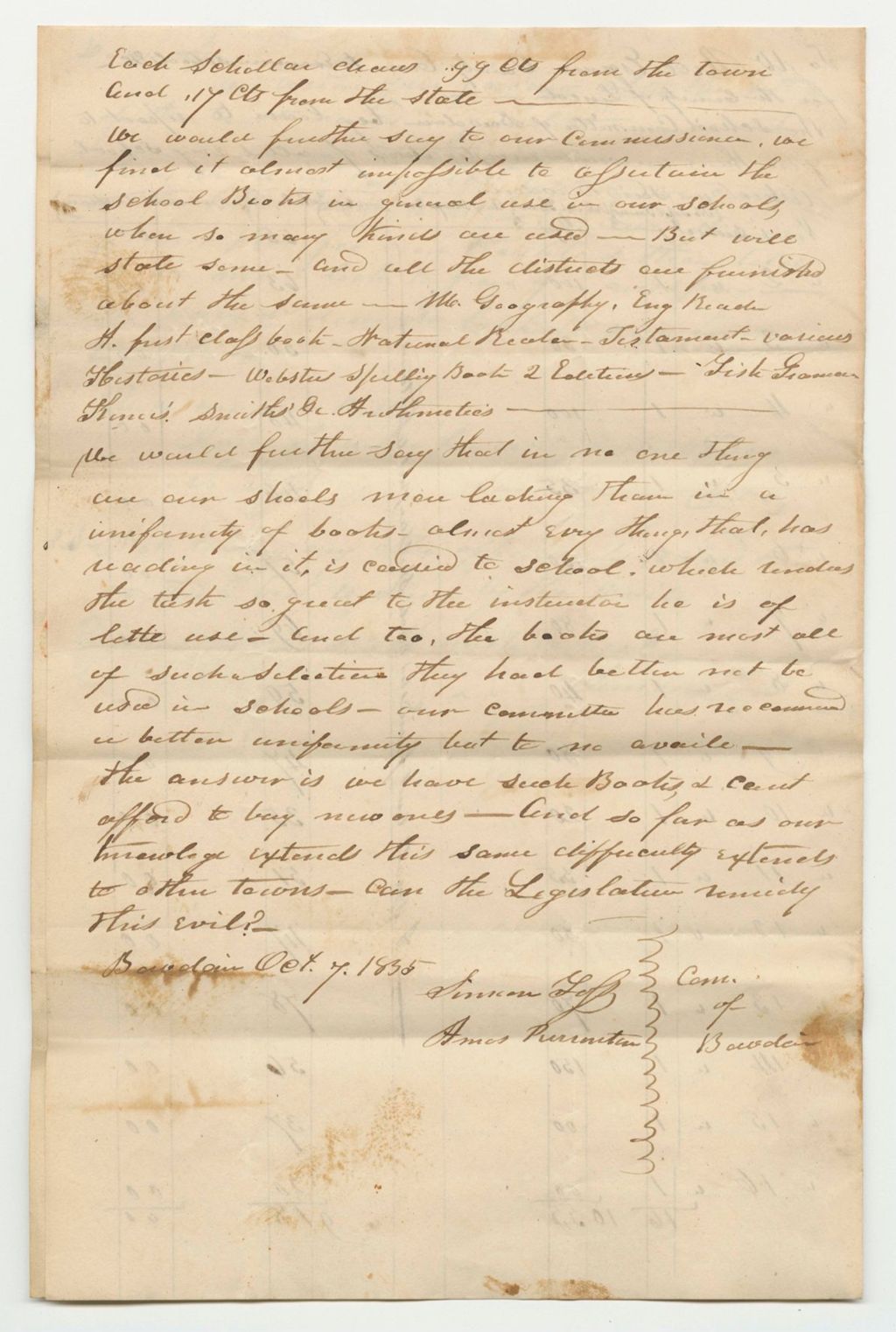 Miniature of Report of the Superintending School Committee of the Town of Bowdoin, in Obedience to a Resolve of the Legislature of the State
