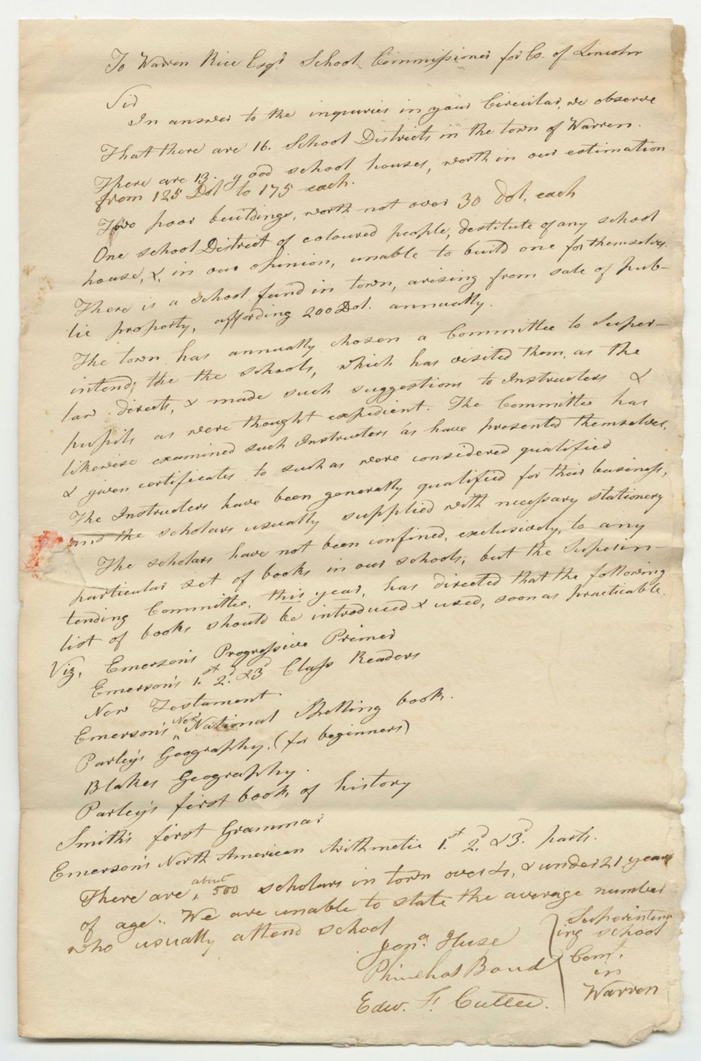 Miniature of Report of the Superintending School Committee of the Town of Warren, in Obedience to a Resolve of the Legislature of the State