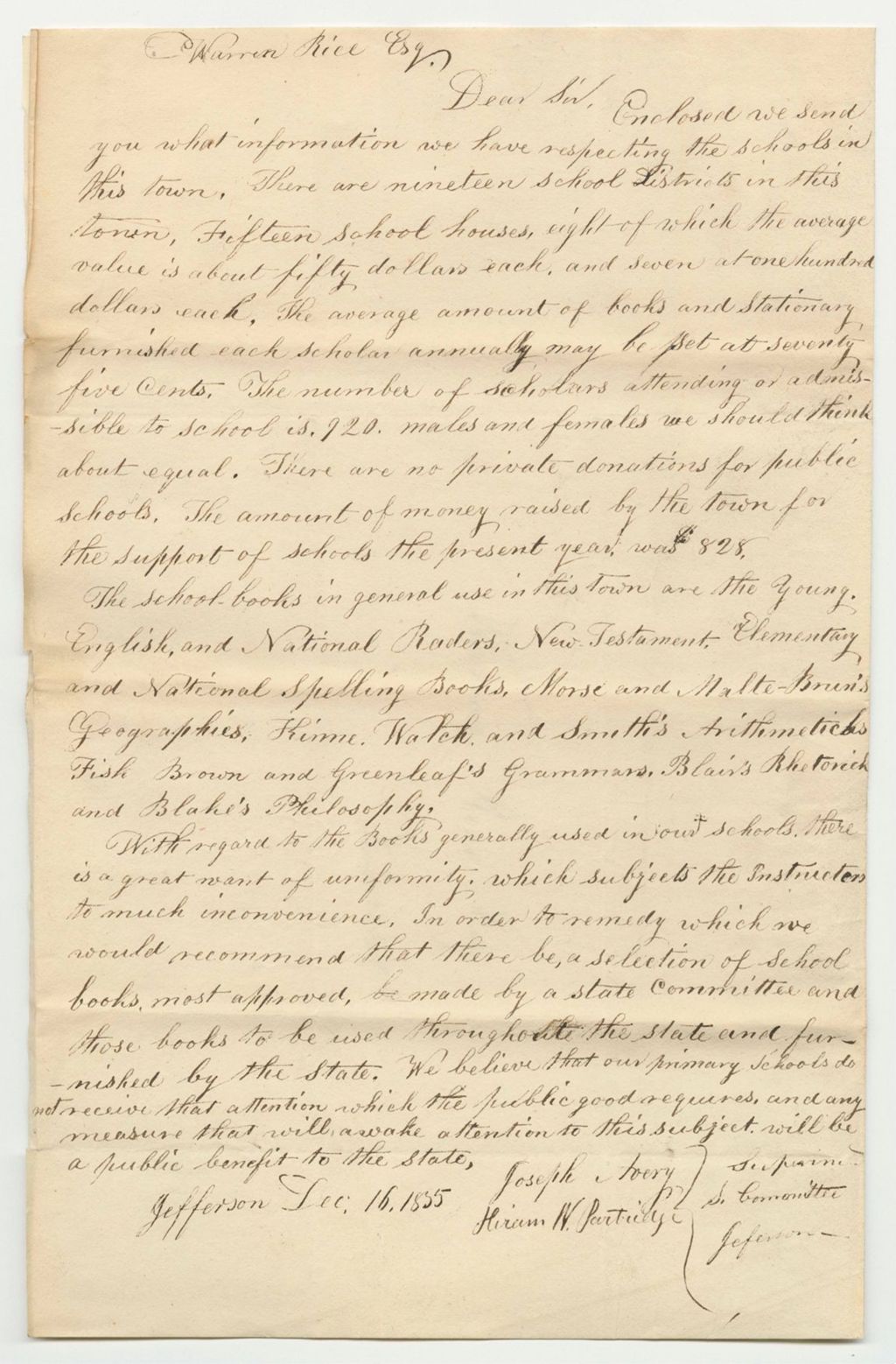 Miniature of Report of the Superintending School Committee of the Town of Jefferson, in Obedience to a Resolve of the Legislature of the State