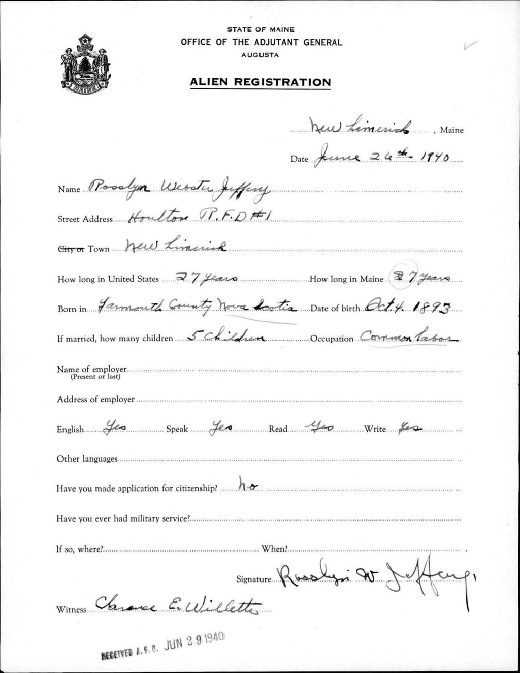 Miniature of Alien Registration- Jeffrey, Rosslyn W. (New Limerick, Aroostook County)