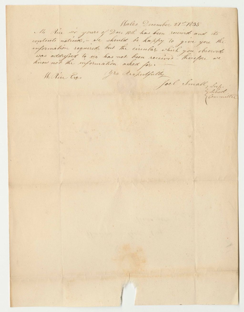 Miniature of Report of the Superintending School Committee of the Town of Wales, in Obedience to a Resolve of the Legislature of the State