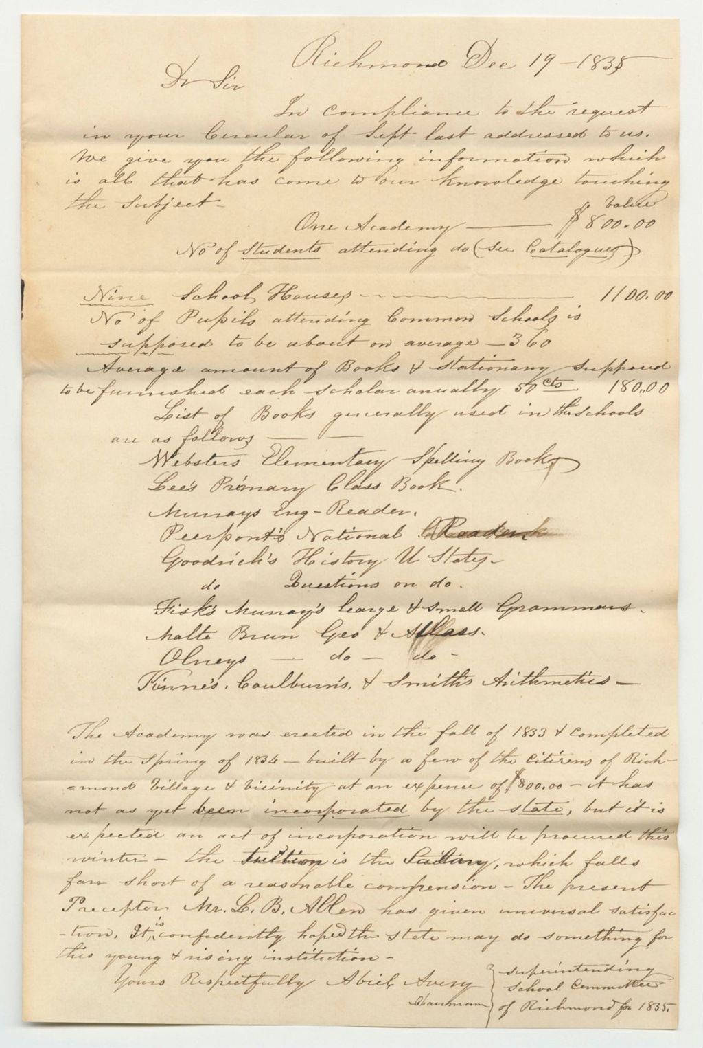 Miniature of Report of the Superintending School Committee of the Town of Richmond, in Obedience to a Resolve of the Legislature of the State