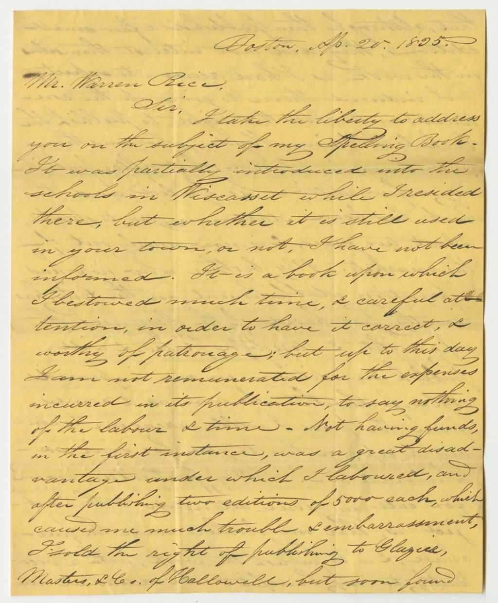 Miniature of Letter from Noyes P. Hawes, on the Subject of His Spelling Book