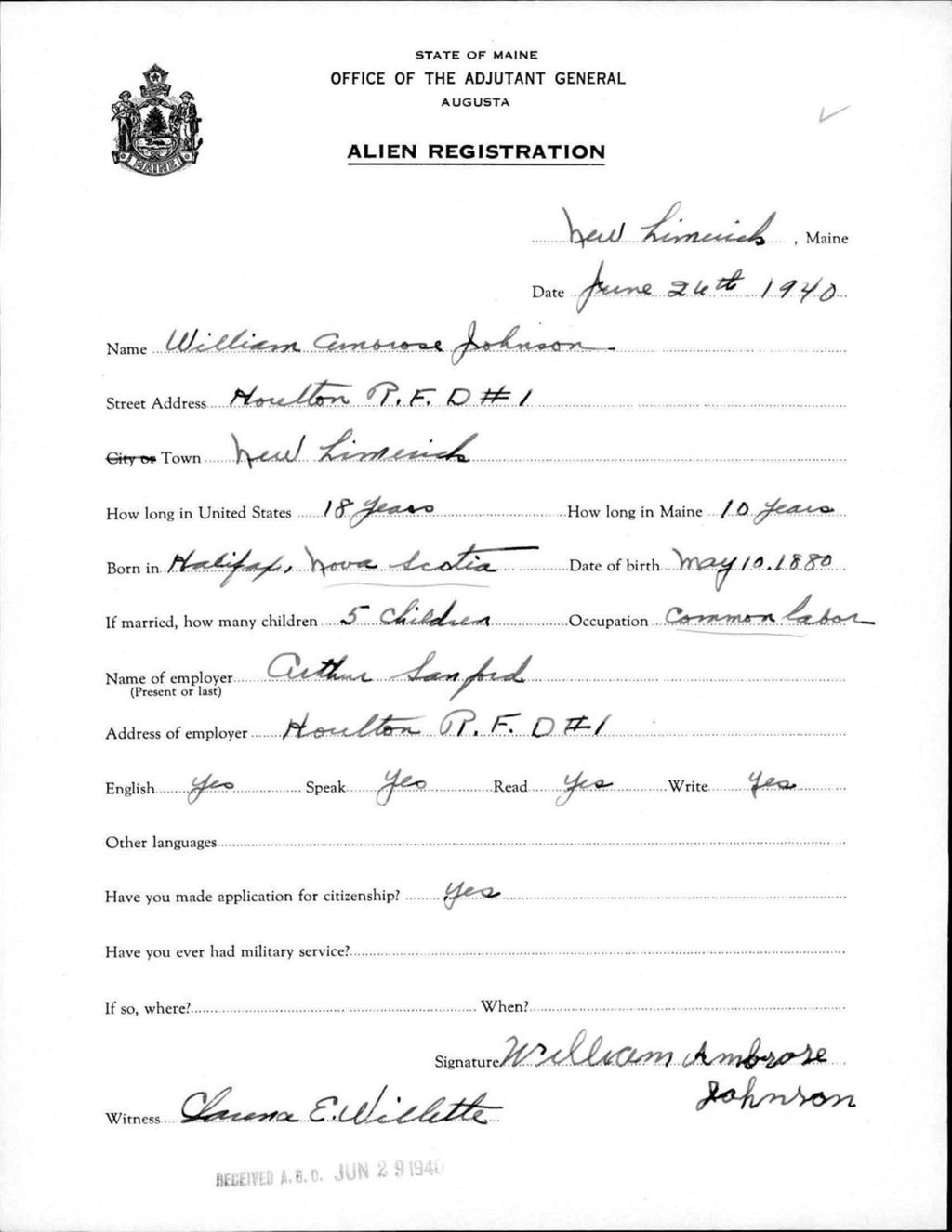 Miniature of Alien Registration- Johnson, William A. (New Limerick, Aroostook County)