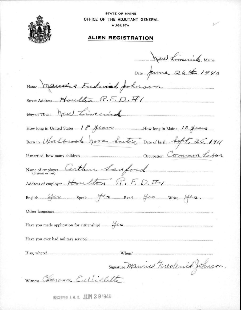Miniature of Alien Registration- Johnson, Maurice F. (New Limerick, Aroostook County)