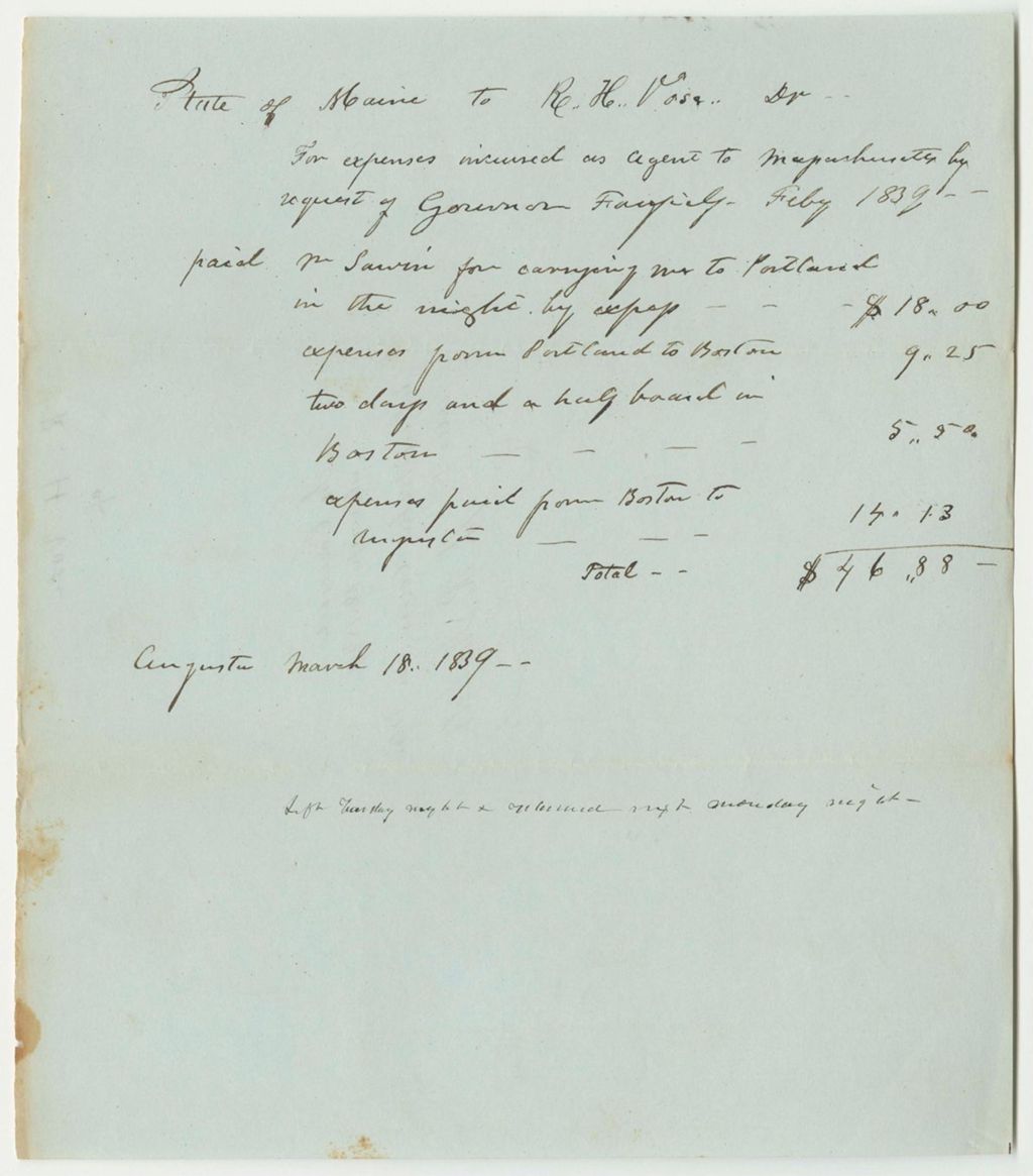 Miniature of R.H. Vose's Account for Expenses Incured as Agent to Massachusetts by Request of Governor Fairfield