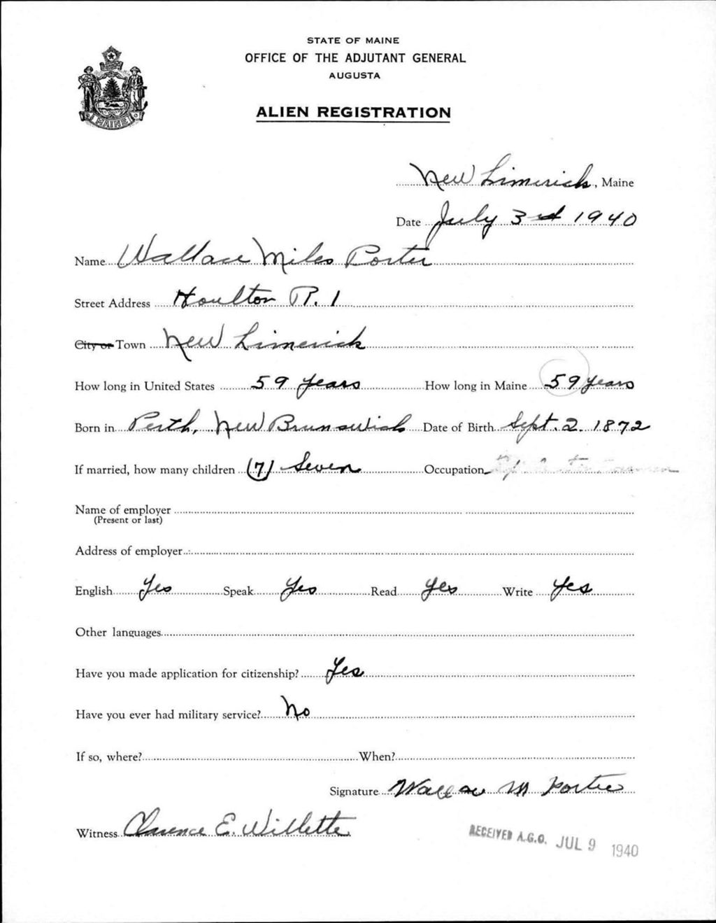 Miniature of Alien Registration- Porter, Wallace M. (New Limerick, Aroostook County)