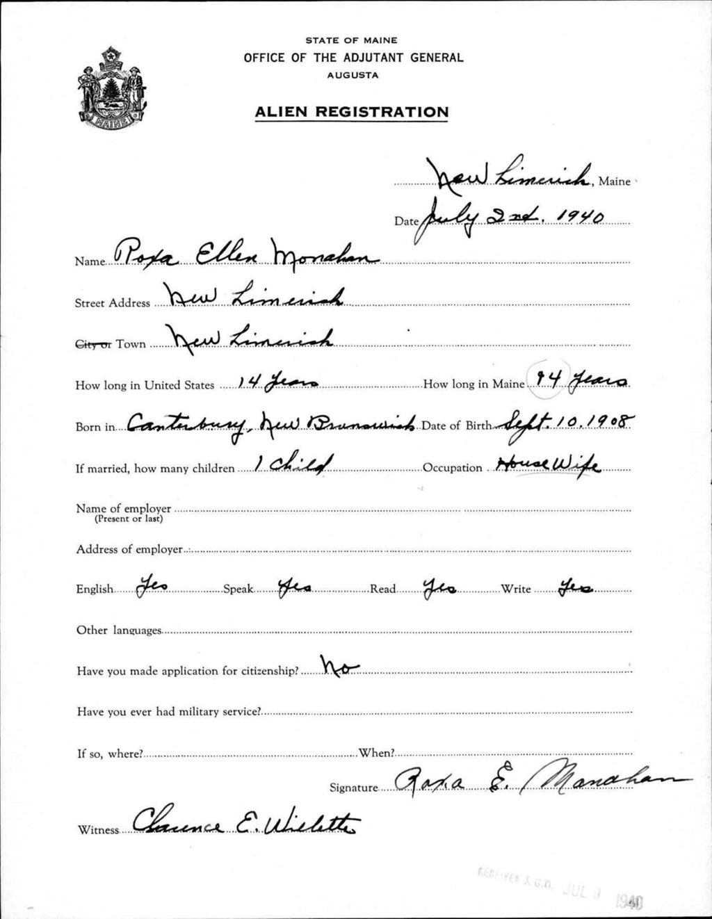Miniature of Alien Registration- Monahan, Roxa E. (New Limerick, Aroostook County)