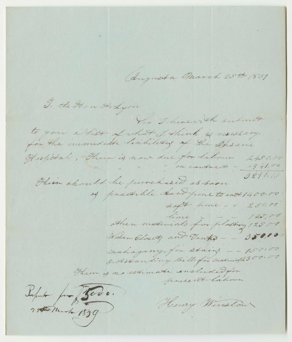 Miniature of Communication from Henry Winslow, Superintendent of the Insane Hospital, Relating to Building Expenses
