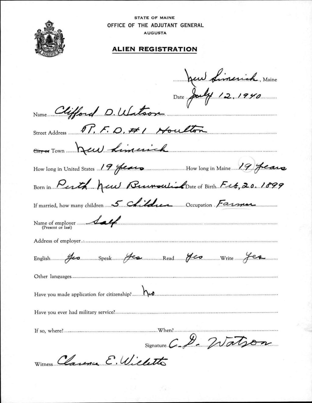 Miniature of Alien Registration- Watson, Clifford D. (New Limerick, Aroostook County)