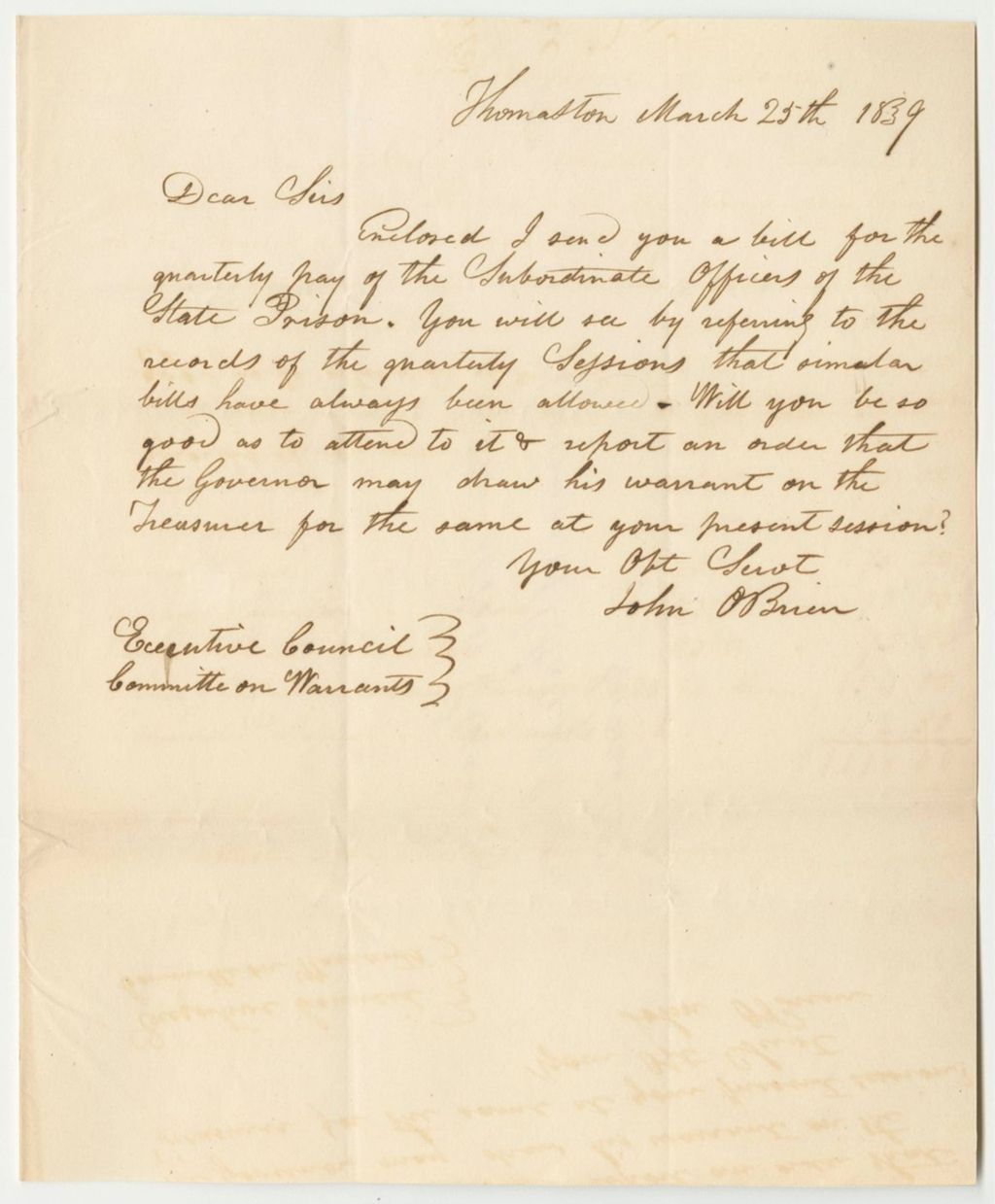 Miniature of Bill for the Pay of the Subordinate Officers at the Maine State Prison, for the Quarter Ending March 31st 1939