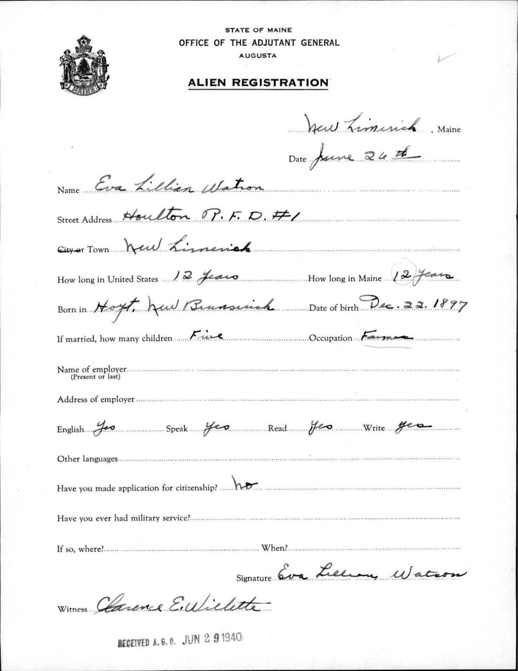 Miniature of Alien Registration- Watson, Eva L. (New Limerick, Aroostook County)