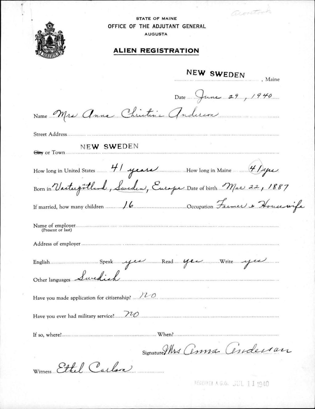 Miniature of Alien Registration- Anderson, Anna C. (New Sweden, Aroostook County)
